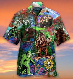 Bigfoot In The Forest Short Sleeve Hawaiian Shirt