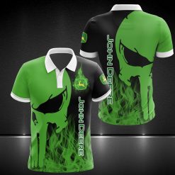 John Deere Punisher Skull Flame Polo Shirt