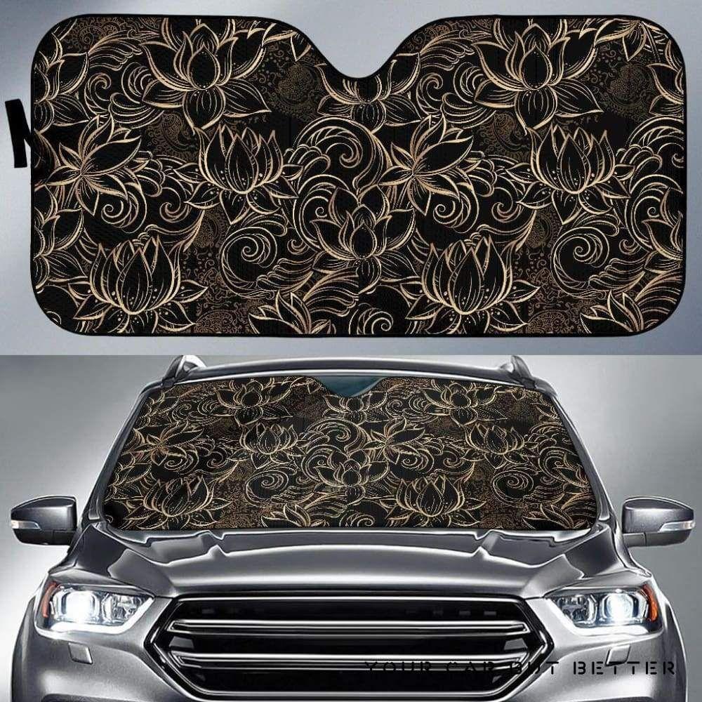 Luxurious Gold Lotus Waterlily Black Car Auto Sun Shade Luxurious Gold Lotus Waterlily Black Car Auto Sun Shade