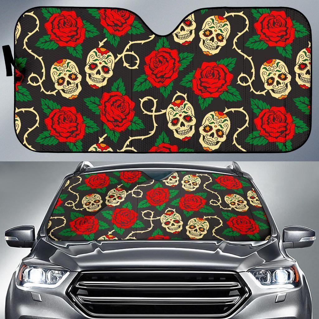 Rose Flower Sugar Skull Car Auto Sun Shade Rose Flower Sugar Skull Car Auto Sun Shade