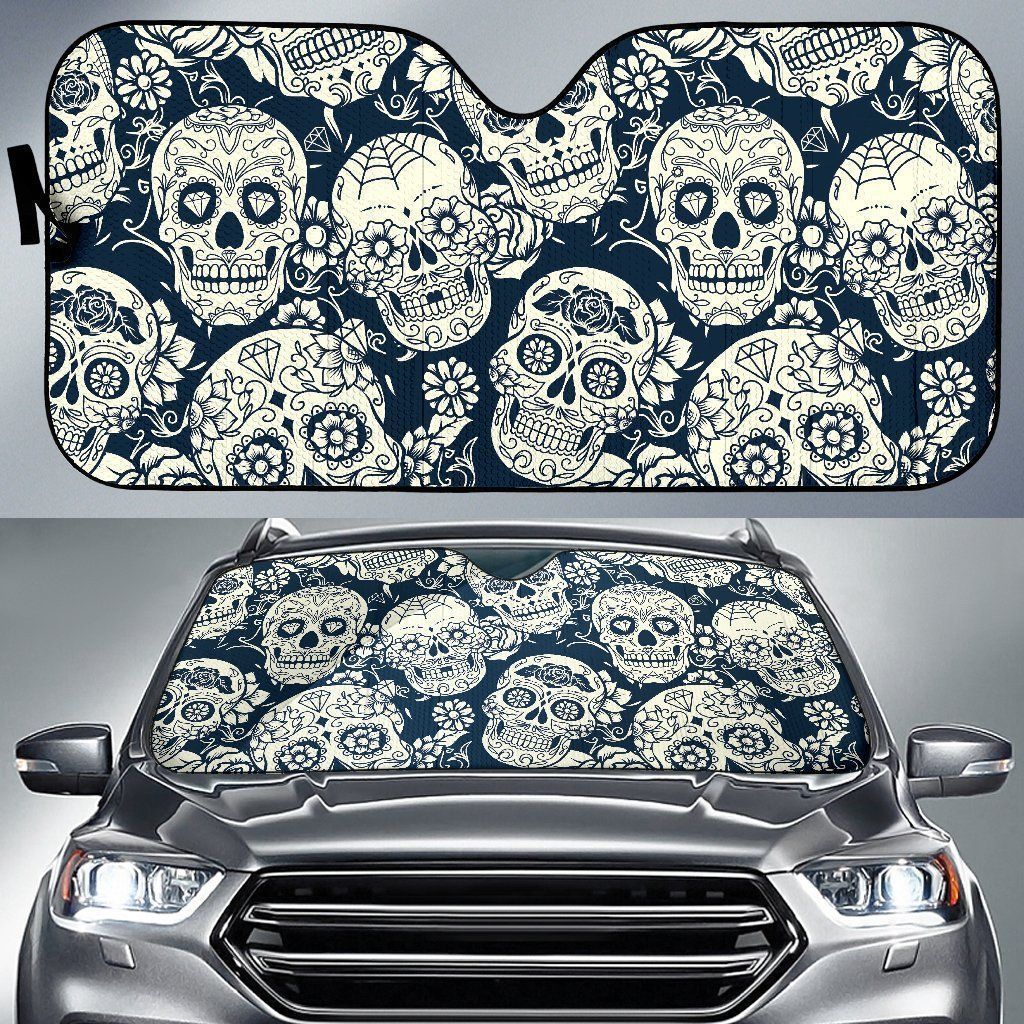 White Floral Sugar Skull Car Auto Sun Shade White Floral Sugar Skull Car Auto Sun Shade